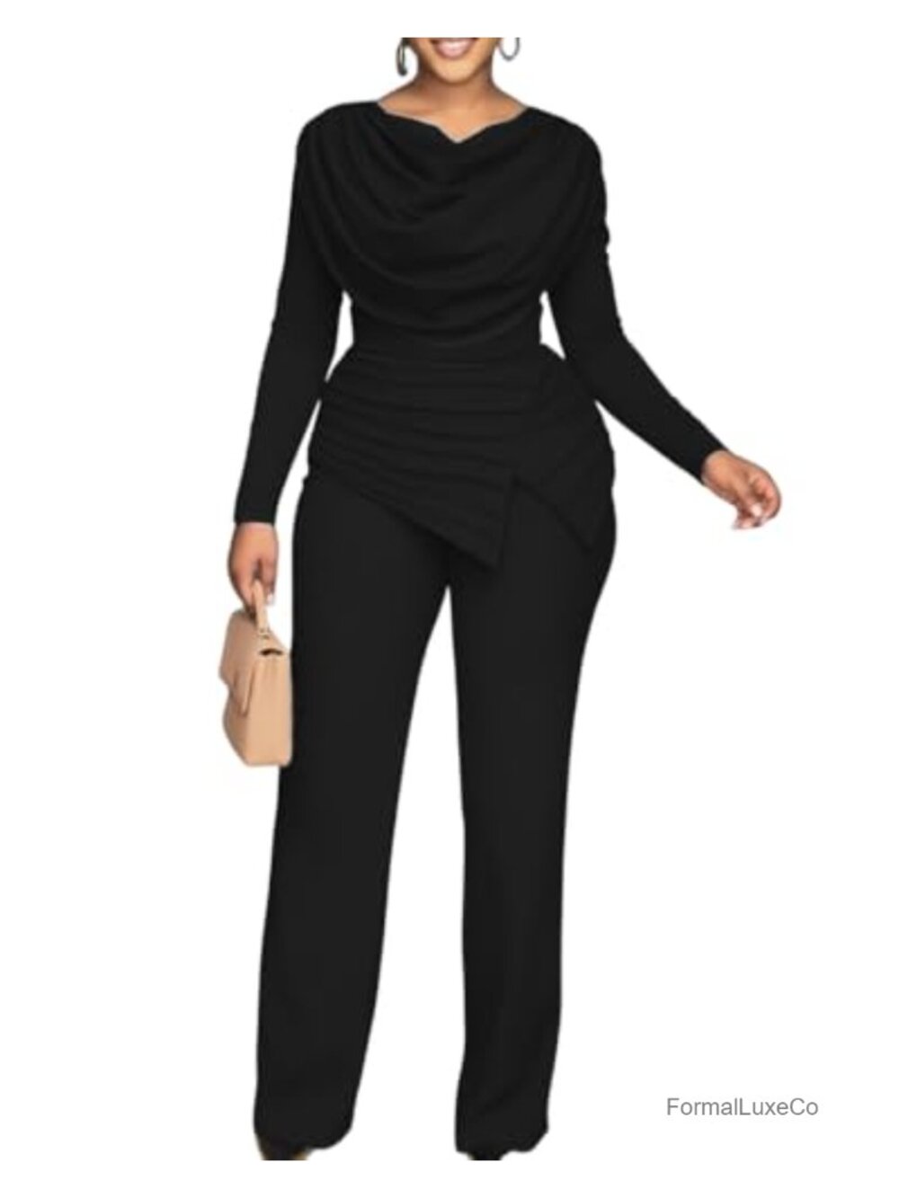 Dressy Wide Leg Jumpsuit Long Sleeve Ruched Waist Elegant Party One Piece